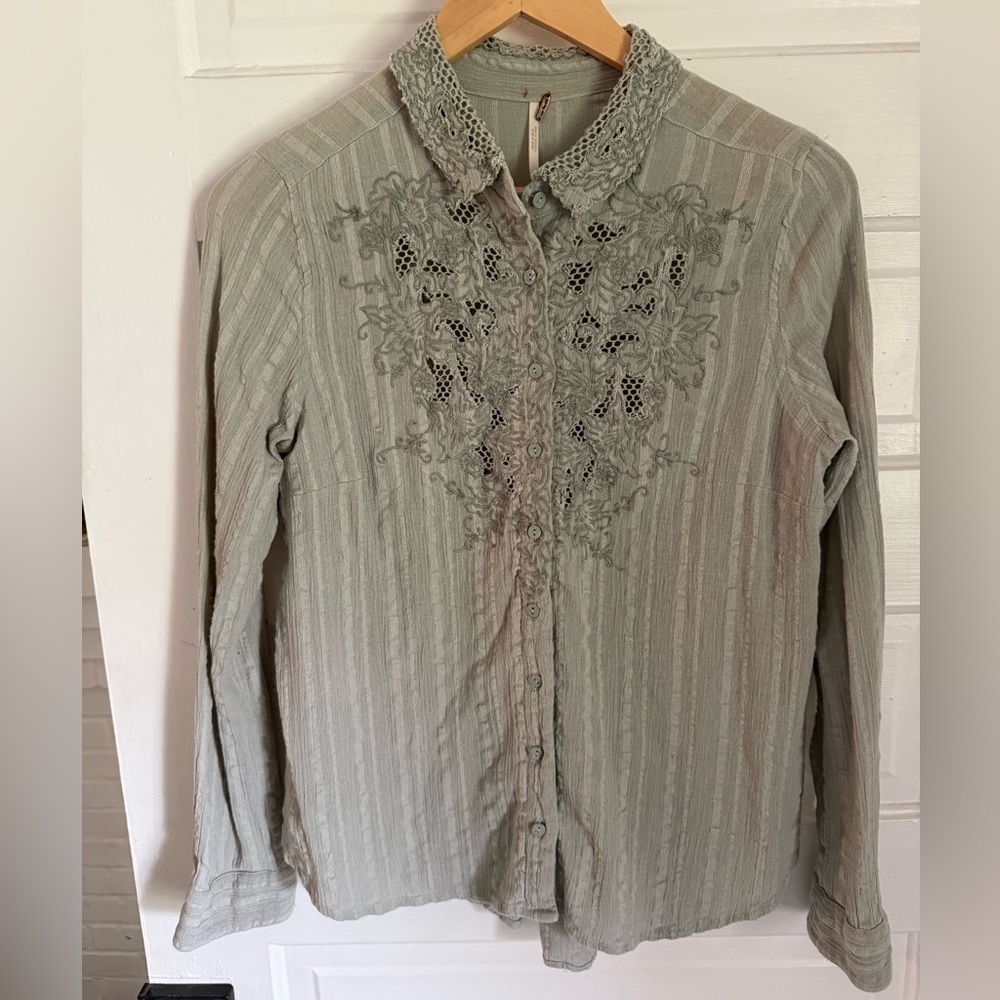 Free People Green Button Down Shirt with Lace Collar